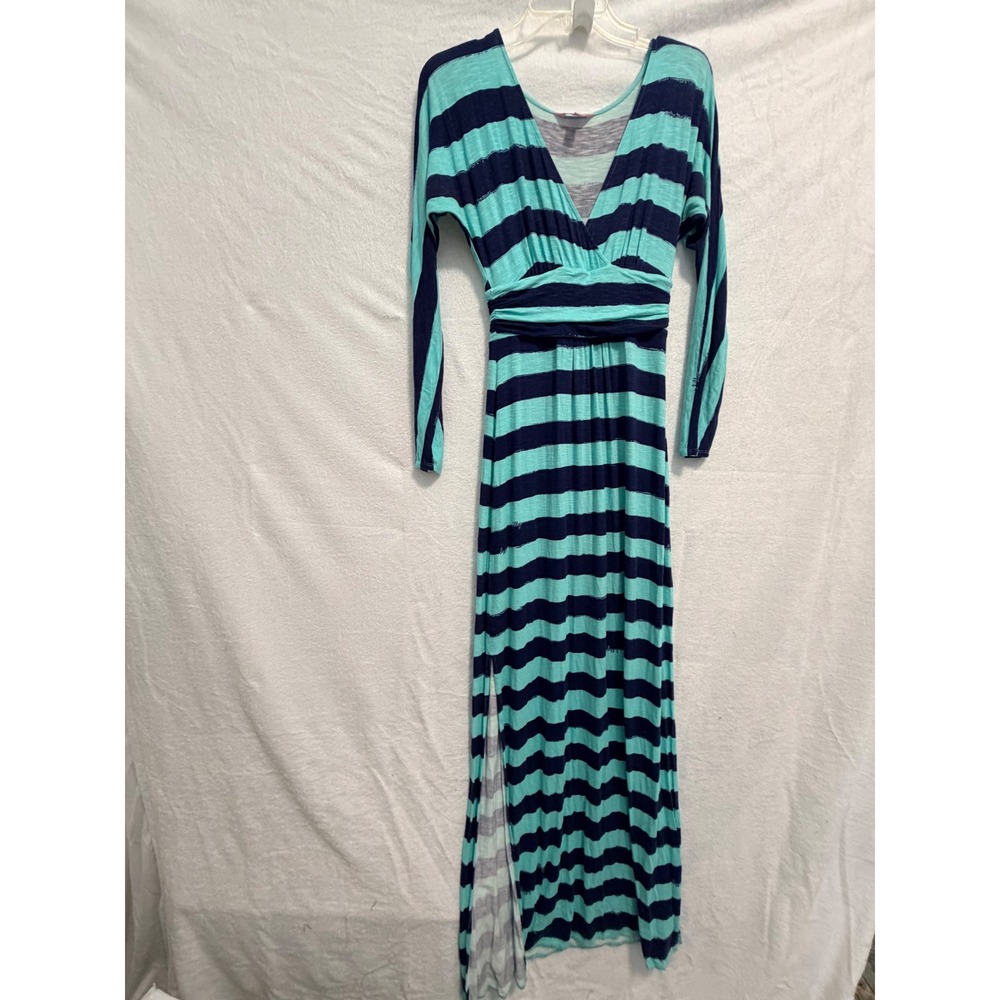 Lilly Pulitzer Womens XS Navy Aqua Striped Long Sleeve V-Neck Maxi Dress 62141